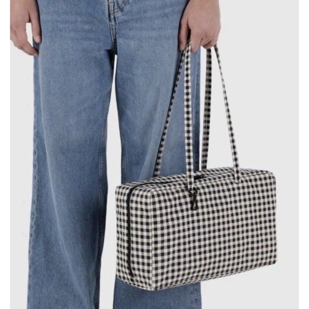 Baggu Medium Nylon Bowler Bag Black White Gingham Check Purse Shoulder Tote NWT